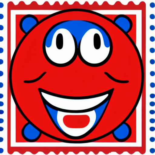 A Happy Cartoon Red And Blue Postage Stamp, With Eyes And A...