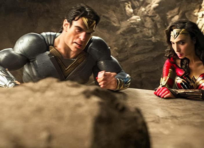 Wonder Woman Arm Wrestling Superman In The Batcave, Gal Gado...