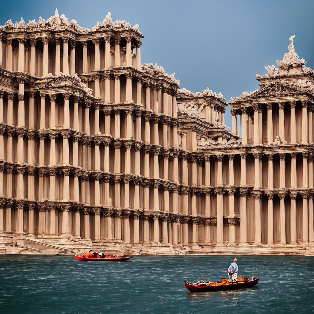 A Man On A Small Boat On A River With Fractal City By Mandel...