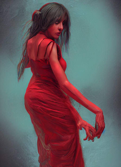 Biohazard Portrait Of Frightened Red Dress Young Woman, Blod...