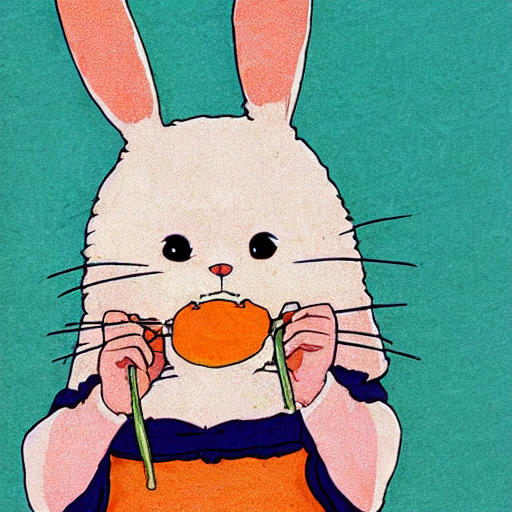 Adorable Studio Ghibli Anime Bunny, Eating A Carrot, Pastel...