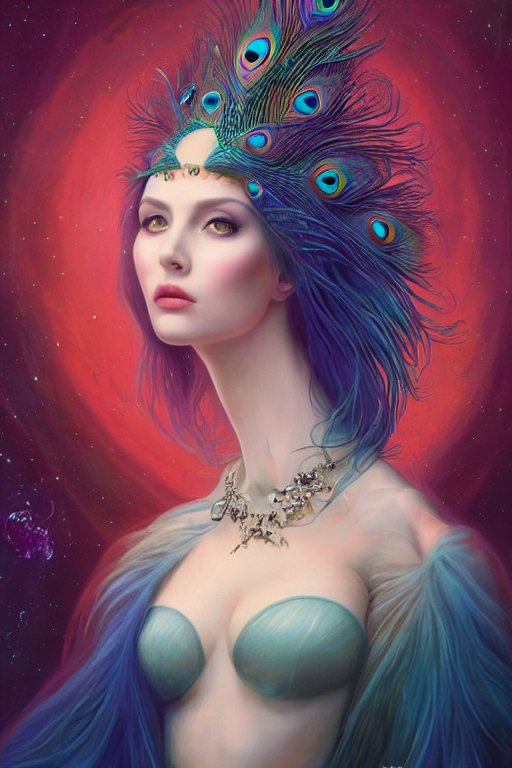 Portrait Of An Elegant Alien Peacock Woman Queen, Straight O...