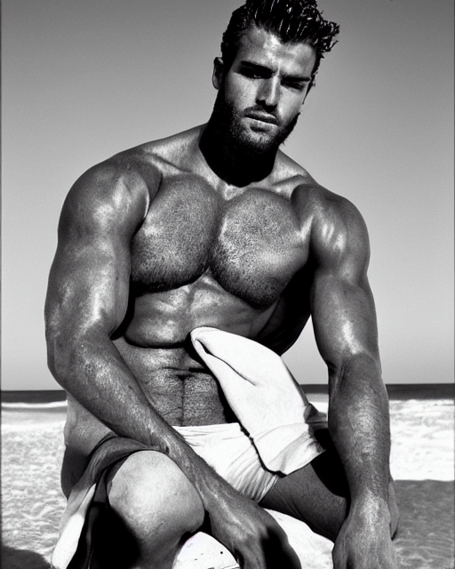 Handsome Man On The Beach Sitting, Herculean, Bulging Muscul...