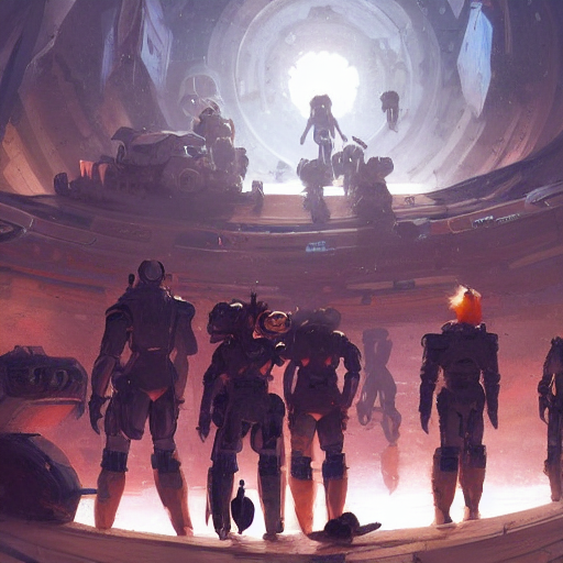 A Group Shot Of Ragtag Space Colonists, Style Greg Rutkowski...