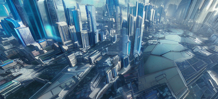 Helicopter Mage Of A Futuristic Iridescent Utopian City, Gig...