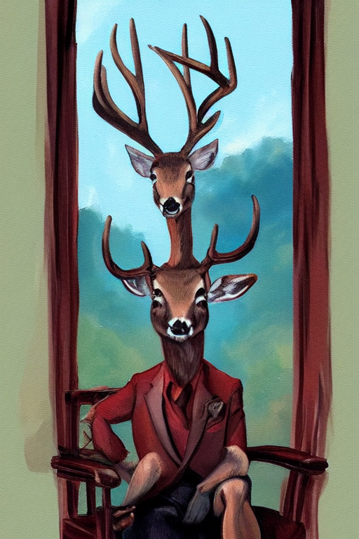 A Painting Of A Buck In Suit Sitting On A Chair Near A Windo...