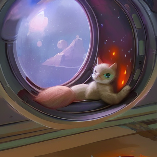 Cute Ninjacat Sleeping In A Space Station Pod, Fantasy, Conc...