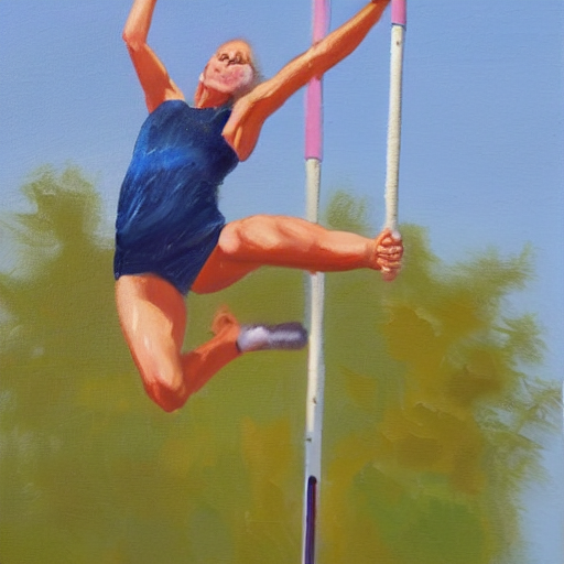 Action Shot Of Woman Pole Vaulting, Oil Painting