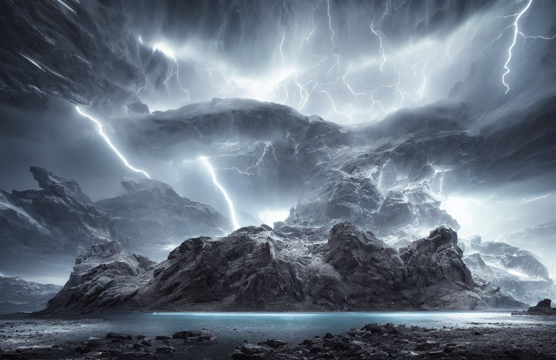 Close Up Of An Alien Spaceshipt Landing On A Glacial Lake, L...