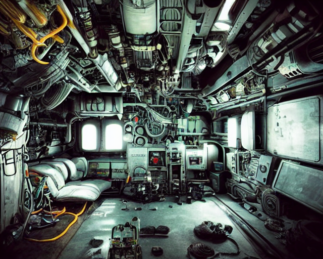 Cozy Spaceship Engine Room. Interior Set Design Photograph B... — Stable Diffusion AI Prompt: cozy spaceship engine room. interior set design photograph by denis villeneuve b...