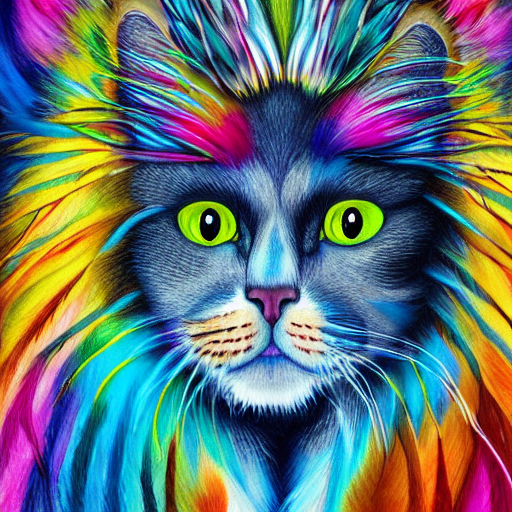 Beautiful Tribal Spirit Cat With Long Flowing Colorful Fur A...