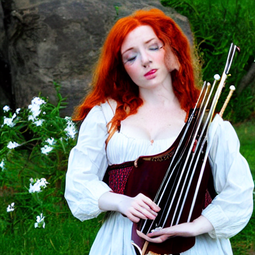 Redhead Female Bard Playing Lute In Tavern Realistic