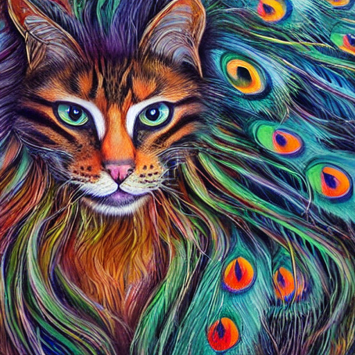 Beautiful Tribal Spirit Cat With Long Flowing Fur And Headdr...