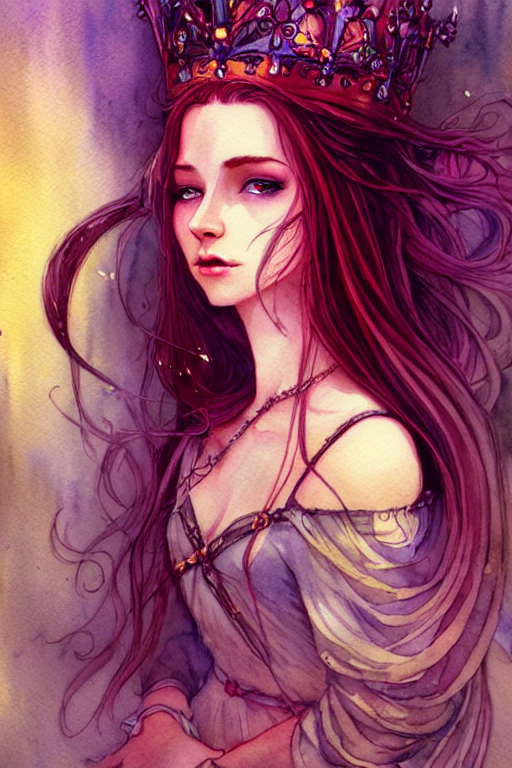 Highly Detailed Watercolor, Beautiful Medieval Princess, Lon...