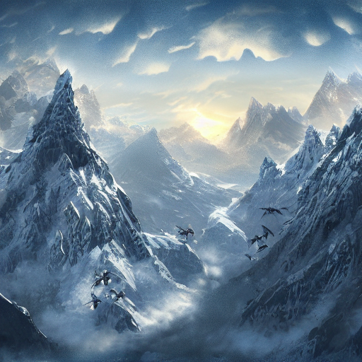 Dragons Flyring Around A Snowcapped Fantasy Mountain, Digita...