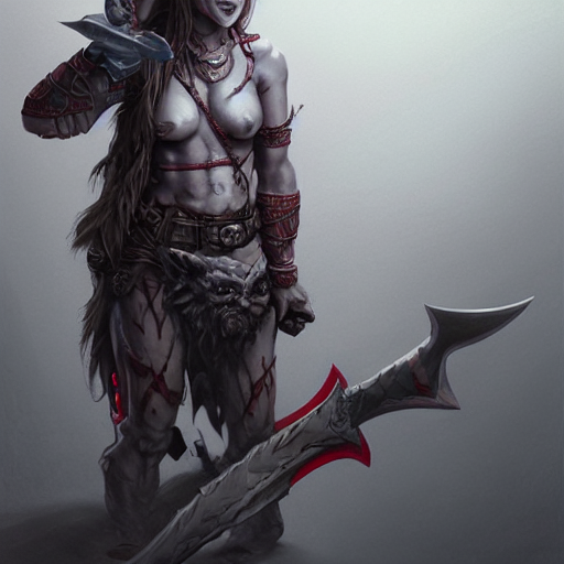 Tattooed Female Goblin With Grey Skin Holding A Red Axe, D...