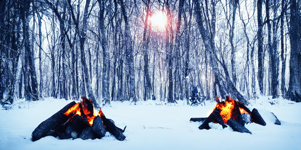 Survival In A Winter Forest, Cinematic, Cold Tone, Campfire — Stable Diffusion AI Prompt: survival in a winter forest, cinematic, cold tone, campfire