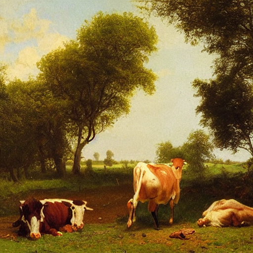 A Pastoral, Bucolic Oil Painting. Several Cows Are Grazing I... — Stable Diffusion AI Prompt: a pastoral, bucolic oil painting. several cows are grazing in a field. by rosa b...