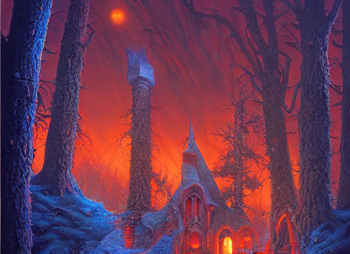 Fantasy Oil Painting, Extreme Perspective, A Blue Church Wit...