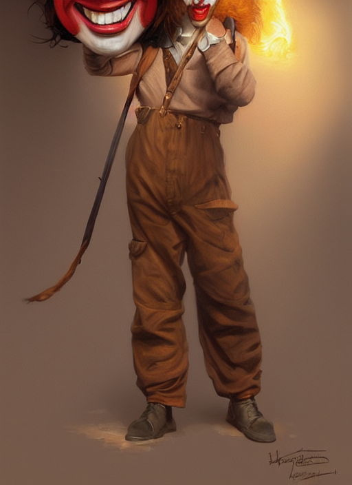 Oil Matte Portrait, A Man Wearing Brown Rags Clown Wig Clown...