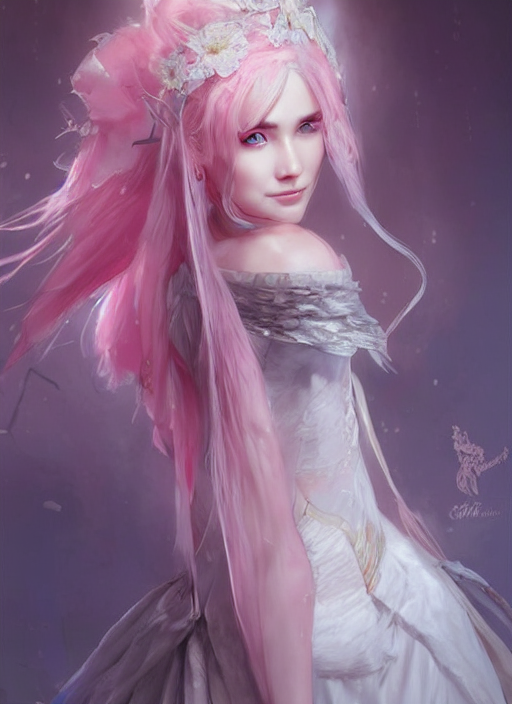 Pink Medieval Gown, White Lace Headband, Beautiful Girl, Fan...