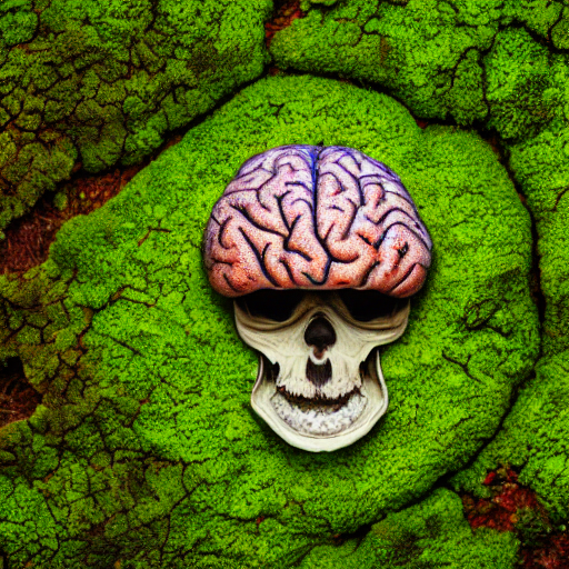 A Brain In The Woods Covered With Moss And Mushrooms