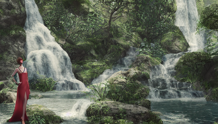 Fashion Catwalk Rendering With Waterfall In Beautiful Overgr...