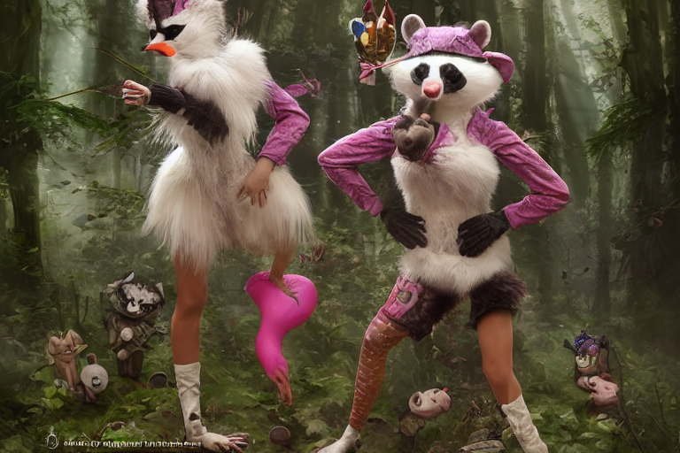 Anthropomorphic Racoon Ferret Swan Mouse Rabbit Animals, Dre... — Stable Diffusion AI Prompt: anthropomorphic racoon ferret swan mouse rabbit animals, dressed as a raver chic...