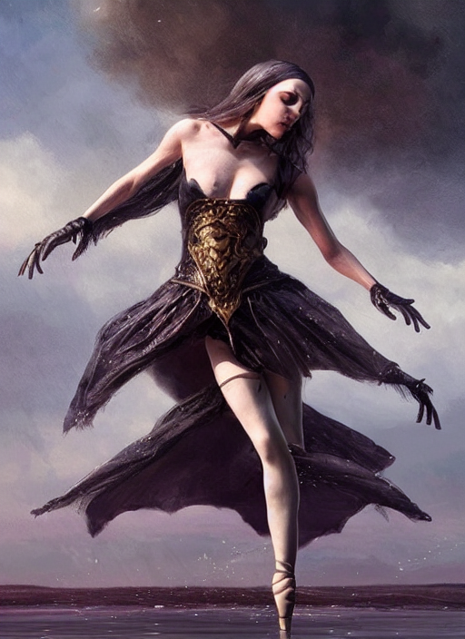 Byzantine Gothic Goddess In Ballet Pose Walking On Water, La...