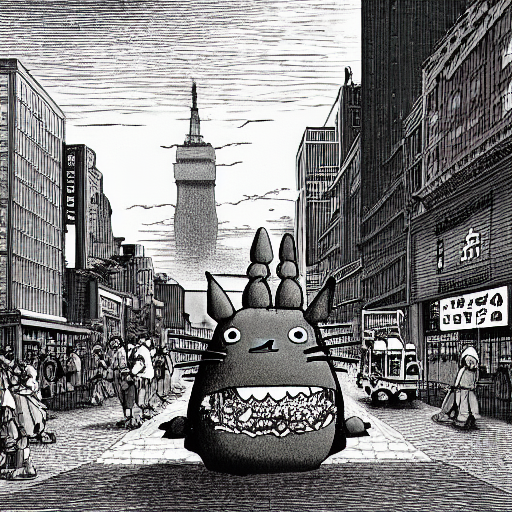 Giant Totoro Eat Burger On A Wide Street, New - York City Ba...