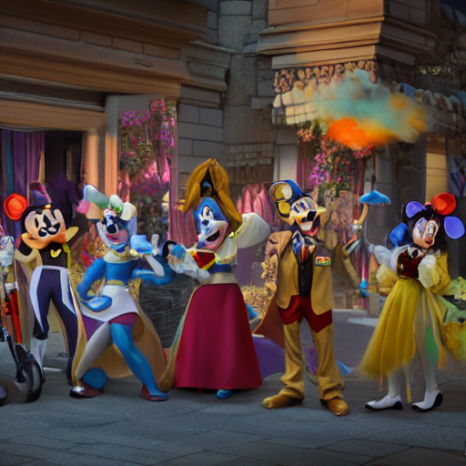 An Uprising Of Disneyland Costumed Characters. Photorealisti...
