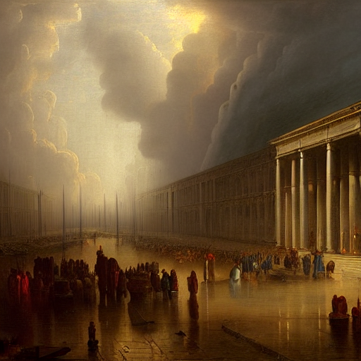 A Painting Of Raining In A City With A Lot Of People In It,...