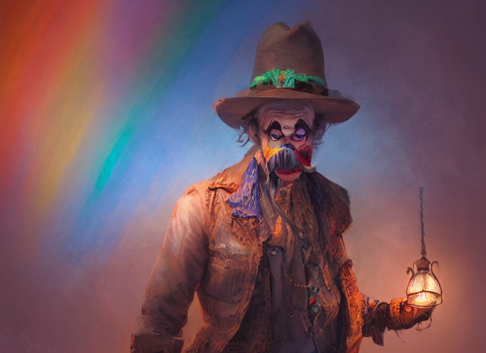 A Mustache Man Wearing Brown Rags Rainbow Wig Clown Nose, Ev...