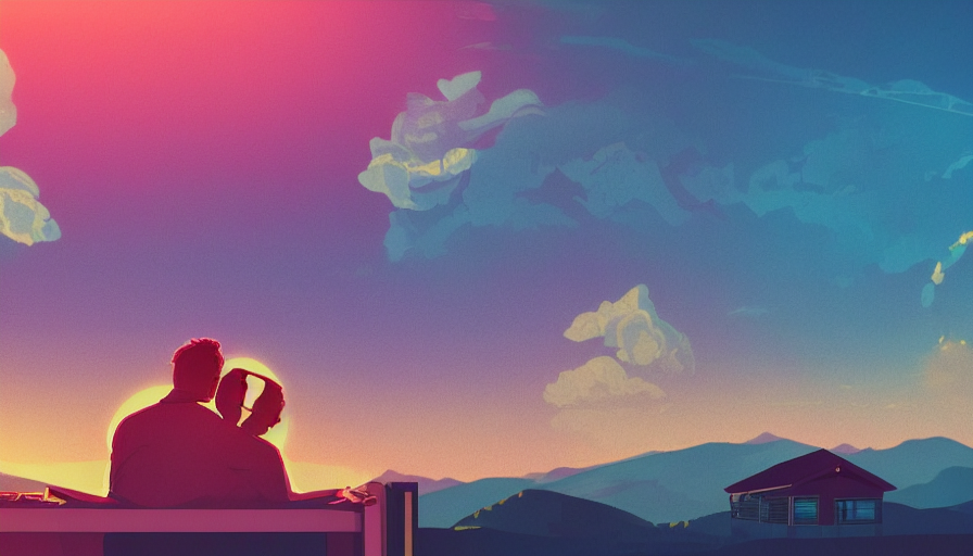 A Retrowave Style Artwork Of A Modest Couple On A Cabin Roof...