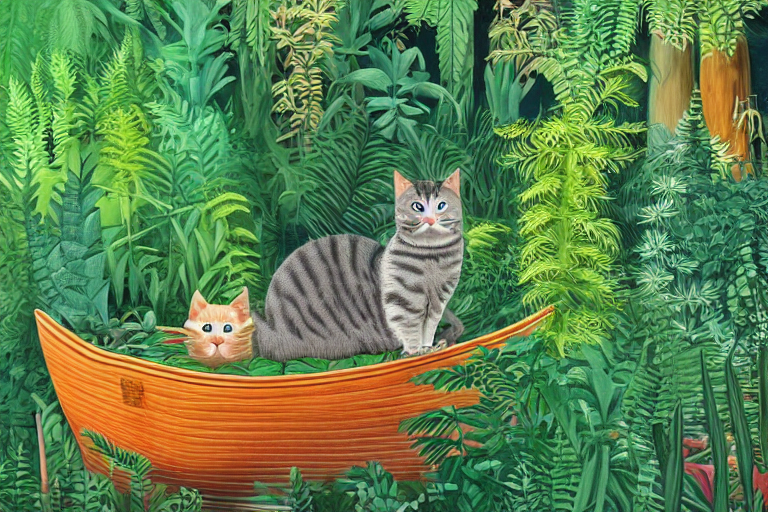 Cat In A Boat Surrounded By Ferns, Jungle, River, Highly Det...