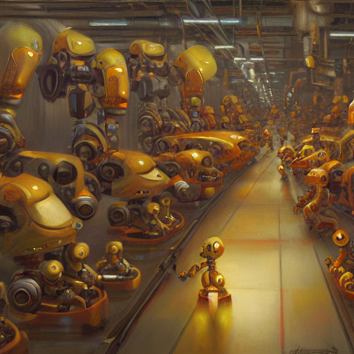 Robots Creating New Robots In A Factory Line, Oil Painting B...