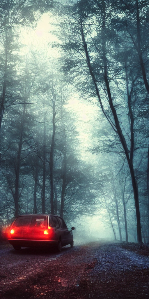 Deep Blue Tones Old Dark Car With Red Lights In The Woods, P...