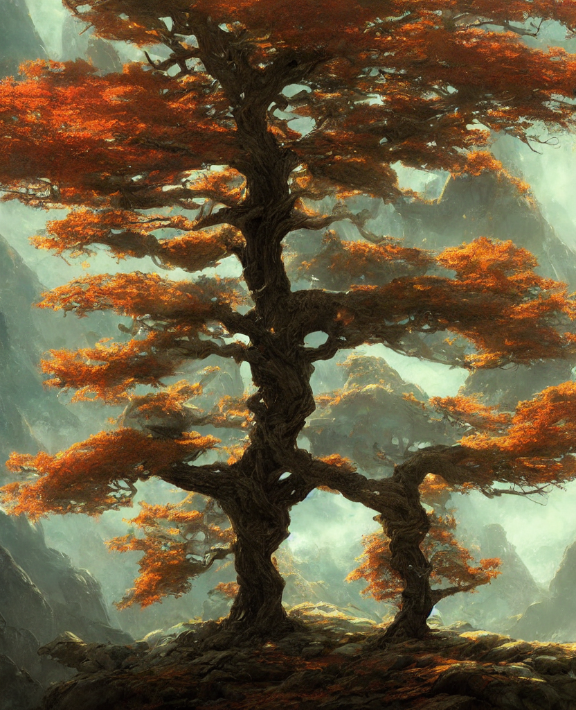 Concept Art Of A Single Ancient Maple Tree On The Mountain,...