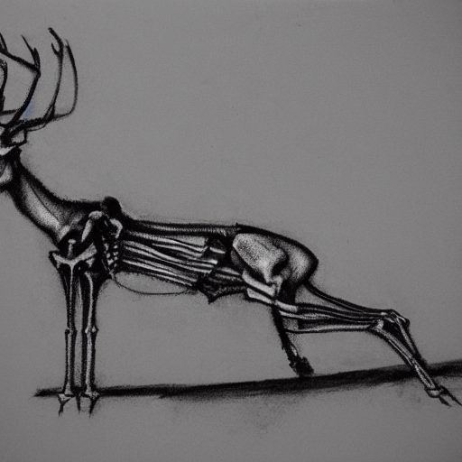 A Deer Skeleton Lying In An Empty Field, Charcoal Illustrati...