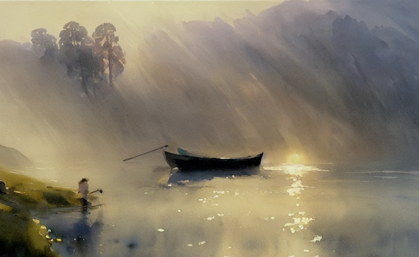 California Style Watercolor Painting Of Scandinavian Landsca...