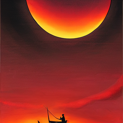 A Painting Of A Eclipse, The Silhouette Of A Man In A Boat T...