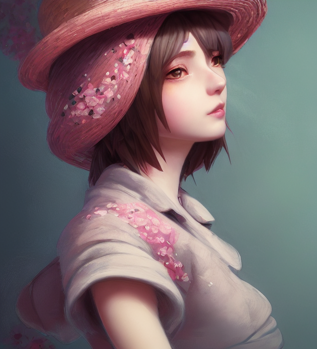 A Portrait Of A Female Wearing A Hat With Sakura On Top, Hyp...