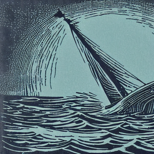 European Woodcut Of A Wooden Sailing Vessel On A Stormy, Tur...