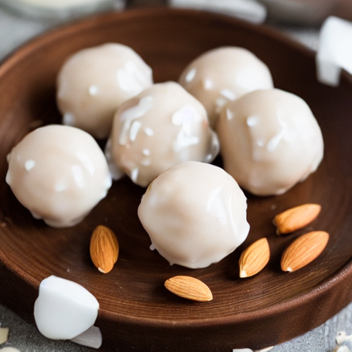 Delicious Donut Holes Glazed With White Chocolate, Almonds A...