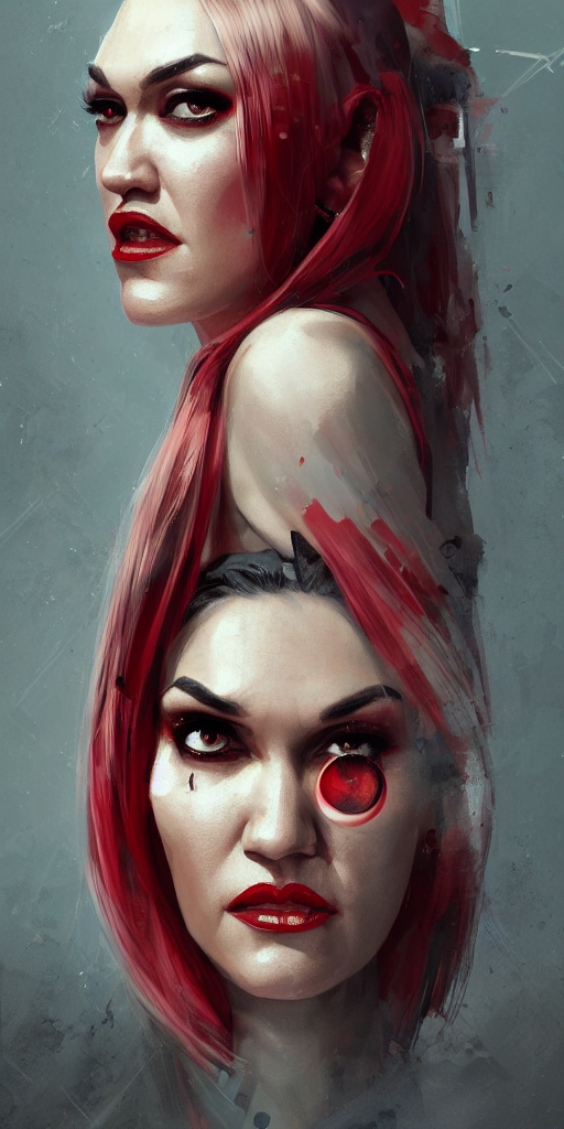 Portrait Of Angry Gwen Stefani With Robotic Red Eyes By Greg...