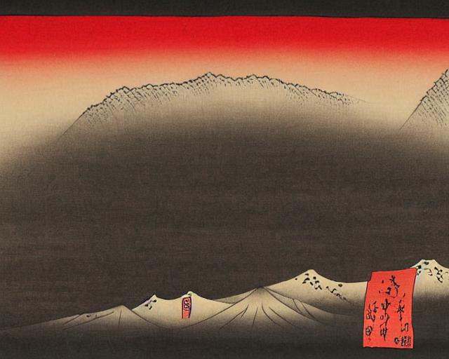 Red Sun Circle, Black Mountains, Ukiyo - E, Japanese Ink Pai...