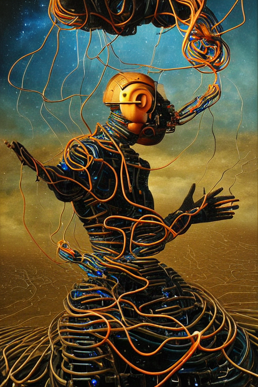 A Surrealistic Portrait Of A Cyborg Being Fed By Numerous Wi... — Stable Diffusion AI Prompt: a surrealistic portrait of a cyborg being fed by numerous wires and cables to th...