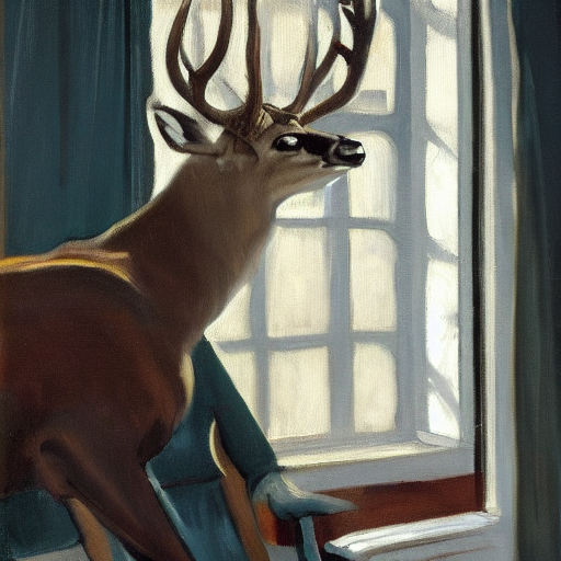 A Painting Of A Buck In Suit Sitting On The Chair Near A Win...