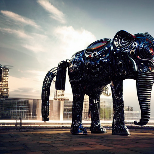 A Cyborg Robotic Elephant Made Of Metal In A Large City, Cin...