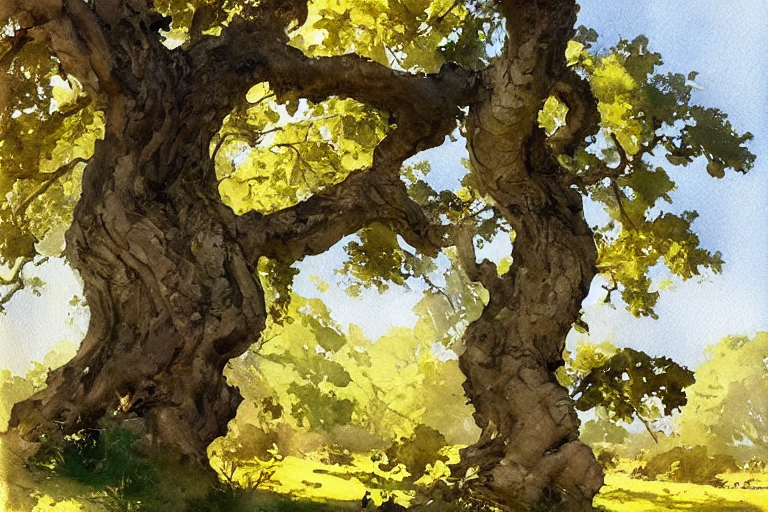 Watercolor Painting Of Young Oak Tree In Portugal, Art By Ha...